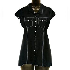 Vtg 90s JALATE blk  white contrast embroidy MOP buttons western shirt dress 10